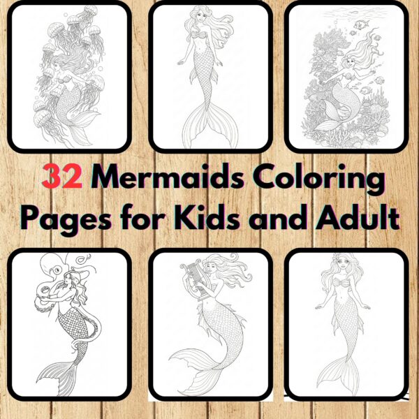 Mermaids Coloring Pages,Digital Instant Download File,Simple Bold Easy Mermaids Coloring Sheets, Kids Coloring Pages, Girls Coloring Pages,Coloring Lover | #6CP