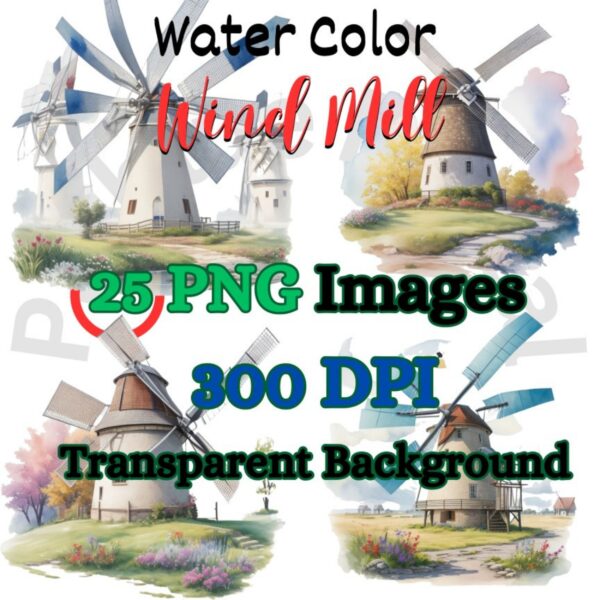 Digital Wind Mill Clip art,Instant Digital Download, Printable Watercolor Clip art, High Quality PNG, Digital download, Paper Craft, Junk journals | # 243 CA