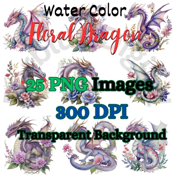 Digital Floral Dragon Clip Art,Instant Digital Download, Printable Watercolor Clip Art, High Quality PNG, Digital download, Paper Craft, Junk journals | # 233 CA