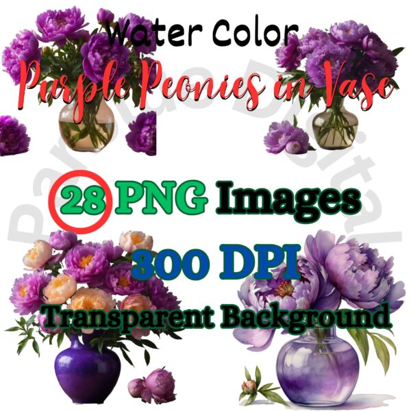 Digital Vase of Purple Peonis Clip Art,Instant Digital Download, Printable Watercolor Clip Art, High Quality PNG, Digital download, Paper Craft, Junk journals | # 225 CA