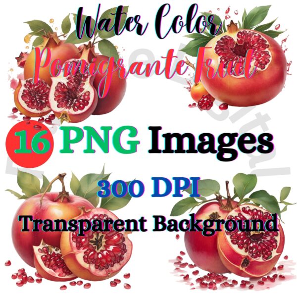 Digital Pomigrante Fruit Clip Art,Instant Digital Download, Printable Watercolor Clip Art, High Quality PNG, Digital download, Paper Craft, Junk journals | # 193 CA