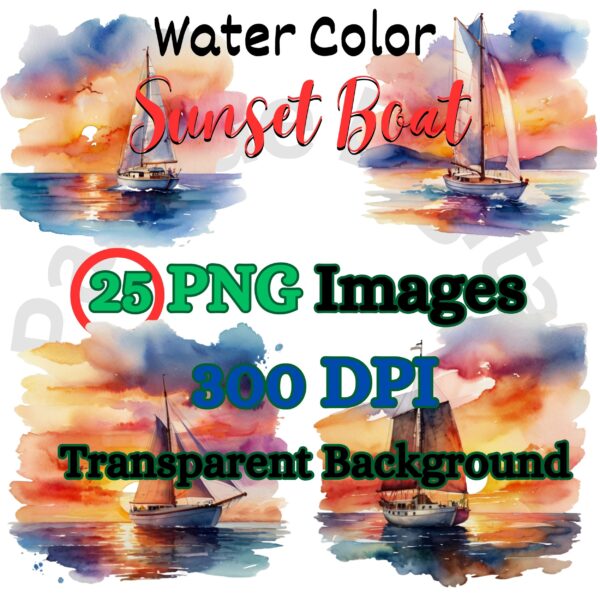Digital Sunset Boat Clip Art,Instant Digital Download, Printable Watercolor Clip Art, High Quality PNG, Digital download, Paper Craft, Junk journals | # 237 CA