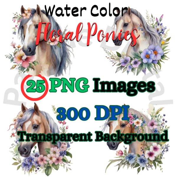 Digital Floral Ponies Clip Art,Instant Digital Download, Printable Watercolor Clip Art, High Quality PNG, Digital download, Paper Craft, Junk journals | # 231 CA
