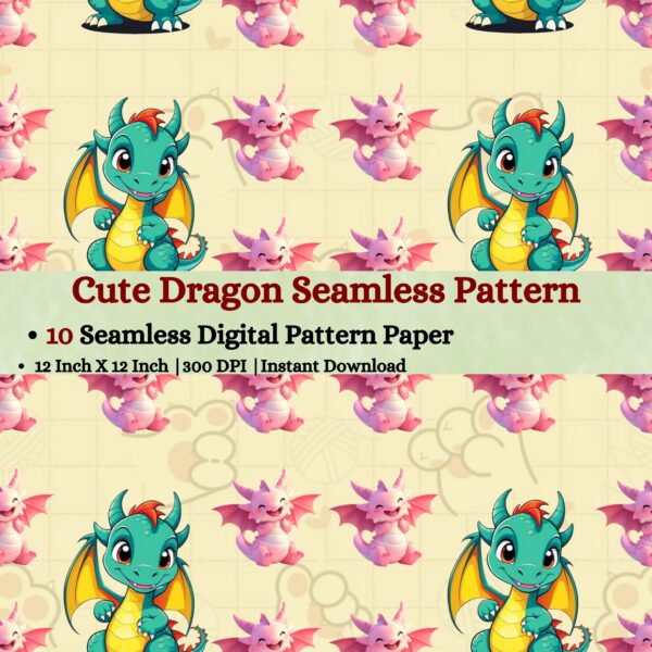 Cute Dragon Seamless Pattern,Repeating Pattern,Instant Digital Download,Digital Seamless Pattern, Printable Seamless Pattern |#380_SP