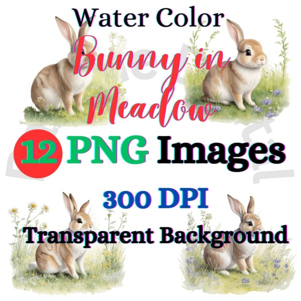 Digital Bunny in Meadow Clip Art,Instant Digital Download, Printable Watercolor Clip Art, High Quality PNG, Digital download, Paper Craft, Junk journals | # 185 CA
