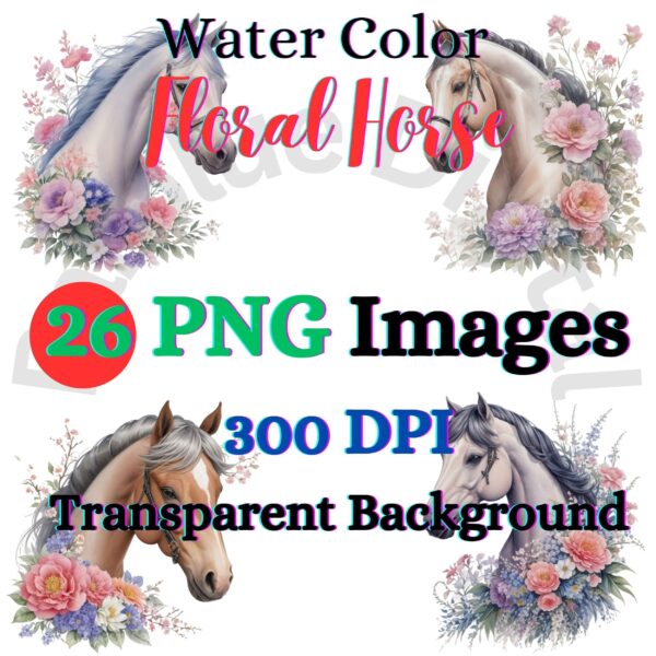 Digital Floral Horse Clip Art,Instant Digital Download, Printable Watercolor Clip Art, High Quality PNG, Digital download, Paper Craft, Junk journals | # 189 CA