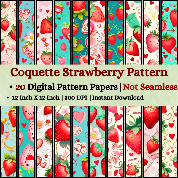 Coquette Strawberry Valentine Digital Pattern Texture,Instant Digital Download,Digital Pattern Texture,Printable Pattern Texture|#172_PT