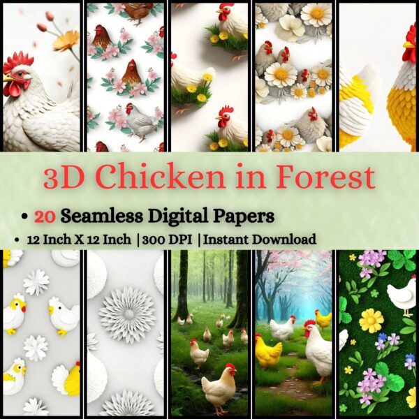 3D Chicken in Forest Digital Pattern Texture,Instant Digital Download,Digital Fabrics Pattern,Digital Pattern Texture,Printable Pattern Texture|#142_PT