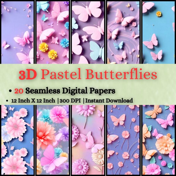 3d Pastel Butterflies and Flowers Digital Pattern Texture,Instant Digital Download,Digital Fabrics Pattern,Digital Pattern Texture,Printable Pattern Texture|#135_PT