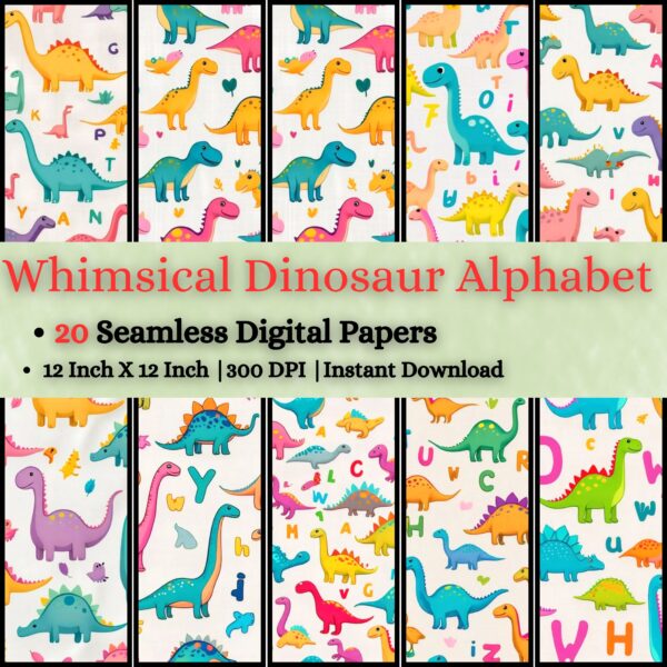Whimsical Dinosaur Alphabet with Pastel Colors Digital Pattern Texture,Instant Digital Download,Digital Fabrics Pattern,Digital Pattern Texture,Printable Pattern Texture|#151_PT